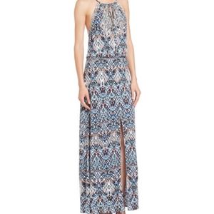Parker Madera Print Beaded Halter Maxi Dress in Blue Multi Size Medium